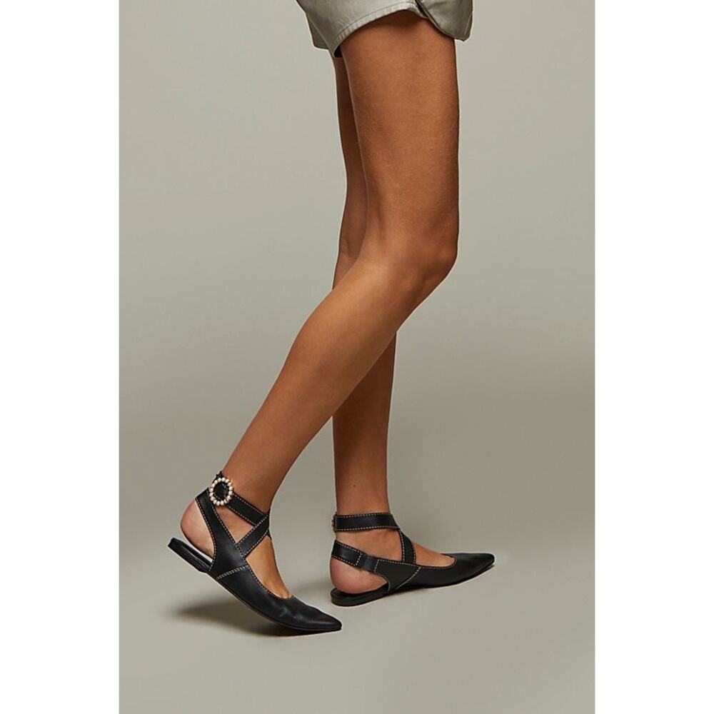 Free People (11) Parisa Pointed Toe Flats- Pearl Detailing, Wrap Ankle